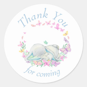 Elephant Blue Butterflies Baby Shower Tack Runt Klistermärke