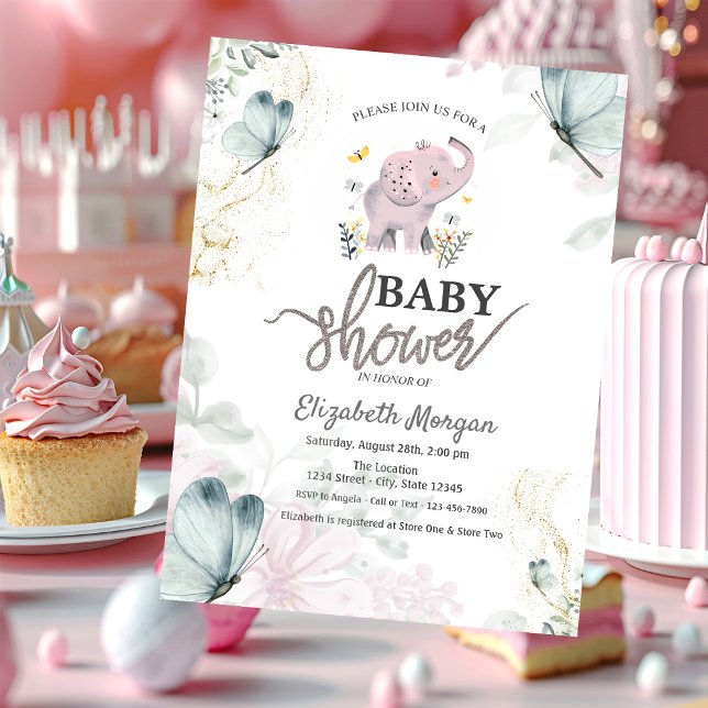 Elephant Blue Butterflies Rosa Baby Shower Inbjudningar (Skapare uppladdad)