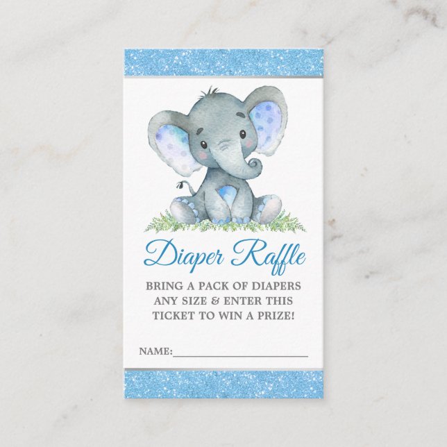 Elephant Blue Glitter Diaper Raffle Baby Shower Tilläggskort (Framsida)