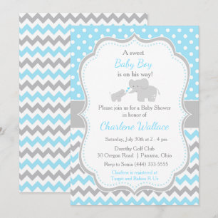 Elephant Blue och Grått Baby Shower Inbjudningar