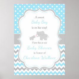 Elephant Blue och Grått Baby Shower Poster