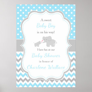 Elephant Blue och Grått Baby Shower Poster