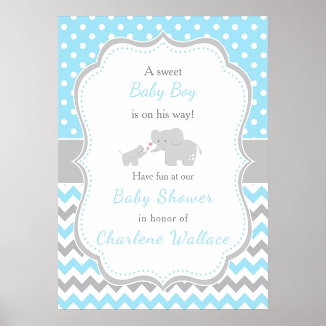 Elephant Blue och Grått Baby Shower Poster (Framsidan)