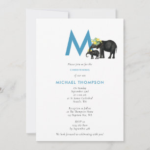 Elephant Blue Pojke Initial Baptism Christening Inbjudningar