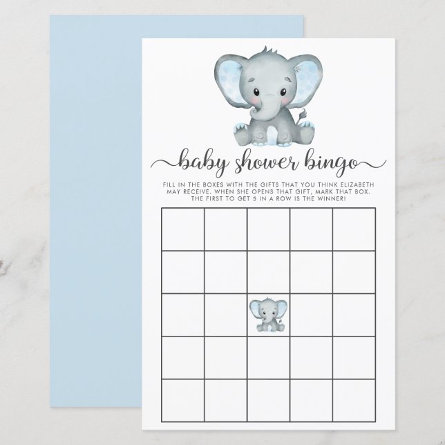 Elephant Blue Watercolor Baby Bingo Shower Game (Fram/baksida)