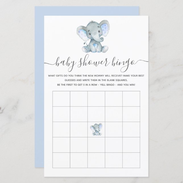 Elephant Blue Watercolor Baby Bingo Shower Game (Fram/baksida)