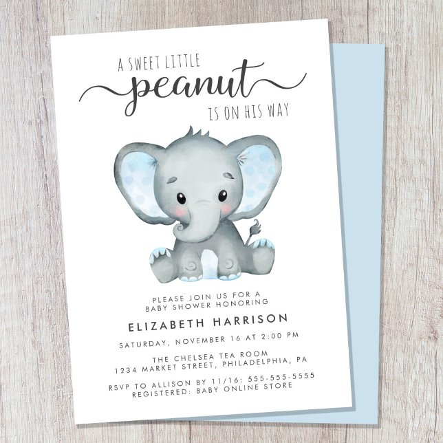 Elephant Blue Watercolor Pojke Shower Inbjudningar (Cute sweet little peanut baby boy shower invitation)