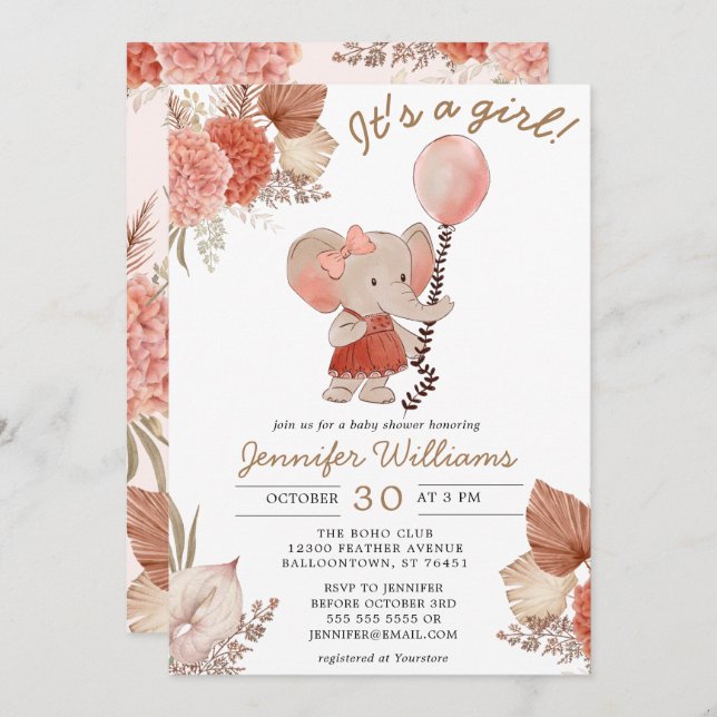 Elephant Boho Blommigt Baby Shower Girl Inbjudningar (Fram/baksida)