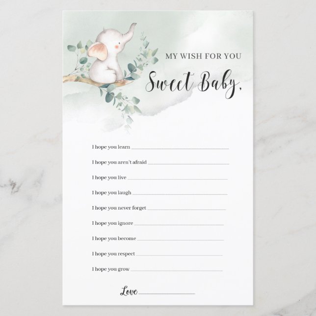 Elephant boho greenery önskemål för baby-spelet (Framsida)