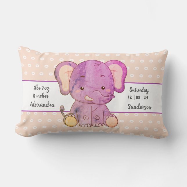 Elephant Boho Peach Rosa Baby Stats Nursery Lumbarkudde (Framsida)