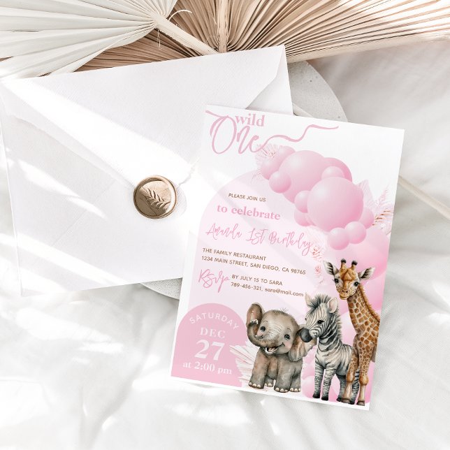 Elephant Boho Rosa Balloon Girl 1 Birthday Photo Inbjudningar (Skapare uppladdad)