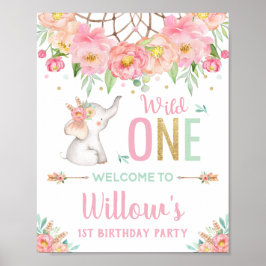Elephant Boho Rosa Blommigt 1st Birthday Välkommen Poster
