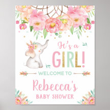 Elephant Boho Rosa Blommigt Baby Shower Girl Välko