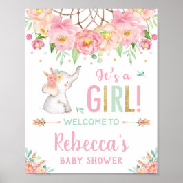 Elephant Boho Rosa Blommigt Baby Shower Girl Välko Poster