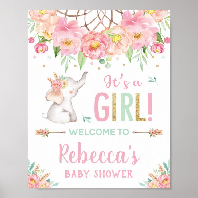 Elephant Boho Rosa Blommigt Baby Shower Girl Välko Poster (Framsidan)