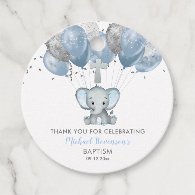 Elephant Boy Balloons Baptism Tack Gift Märkres Gåvor Etiketter (Framsida)