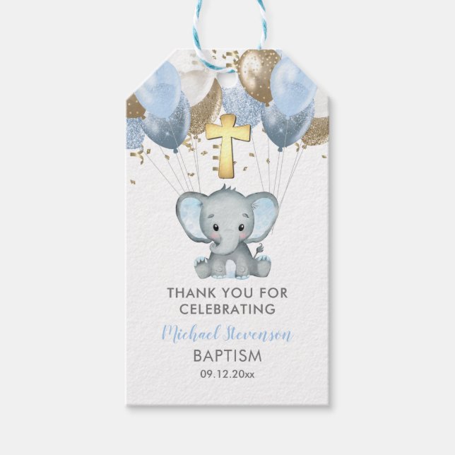 Elephant Boy Balloons Baptism Tack Gift Märkres Presentetikett (Framsidan)