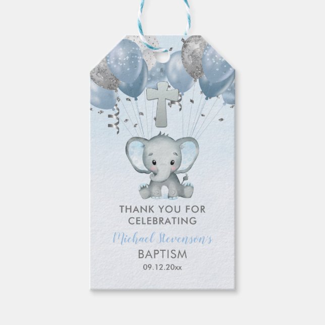 Elephant Boy Balloons Baptism Tack Presentetikett (Framsidan)