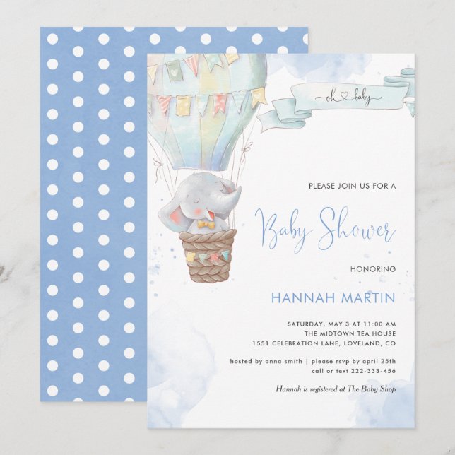 Elephant Boy Blue Balloon Cute Baby Shower Inbjudningar (Fram/baksida)