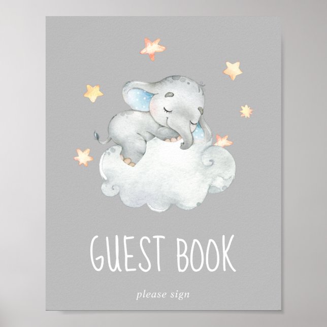 Elephant Boy | Grått Baby Shower Guest Bok Sign Poster (Framsidan)