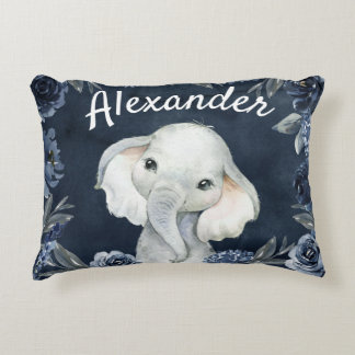 Elephant Boy Navy Rustic Blommigt Namn Ro Prydnadskudde