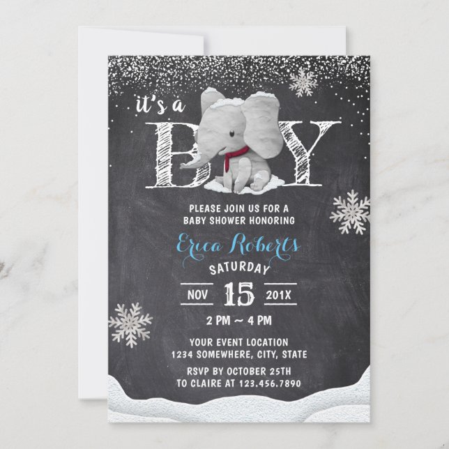 Elephant Boy Rustic Winter Snöflingor Baby Shower Inbjudningar (Framsida)