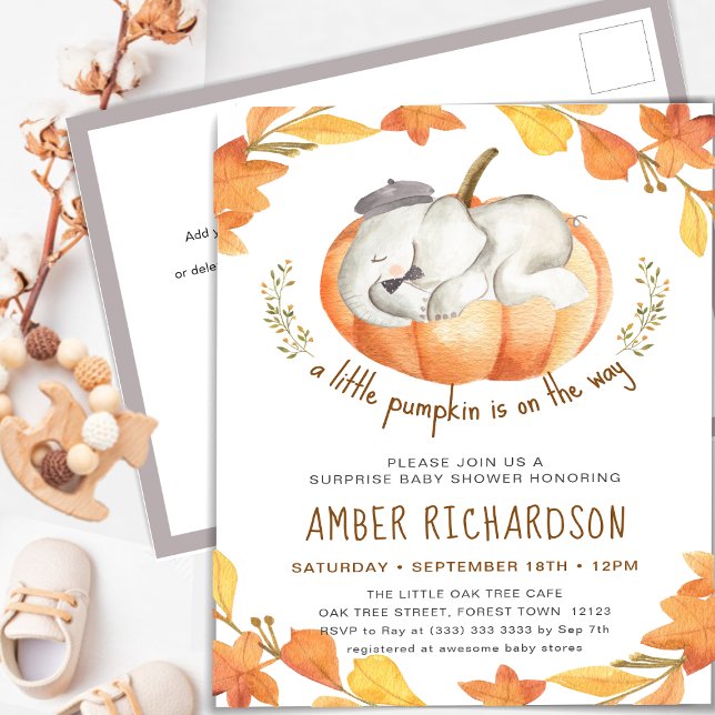 Elephant Boy Surprise Baby Shower Autumn Pumpkin Inbjudan Vykort (Skapare uppladdad)