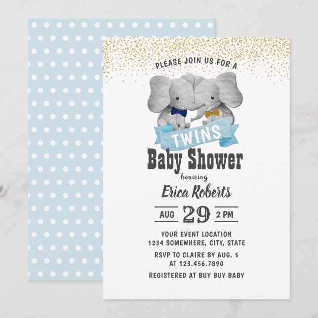 Elephant Boy Twillingars Guld Confetti Baby Shower Inbjudningar (Fram/baksida)