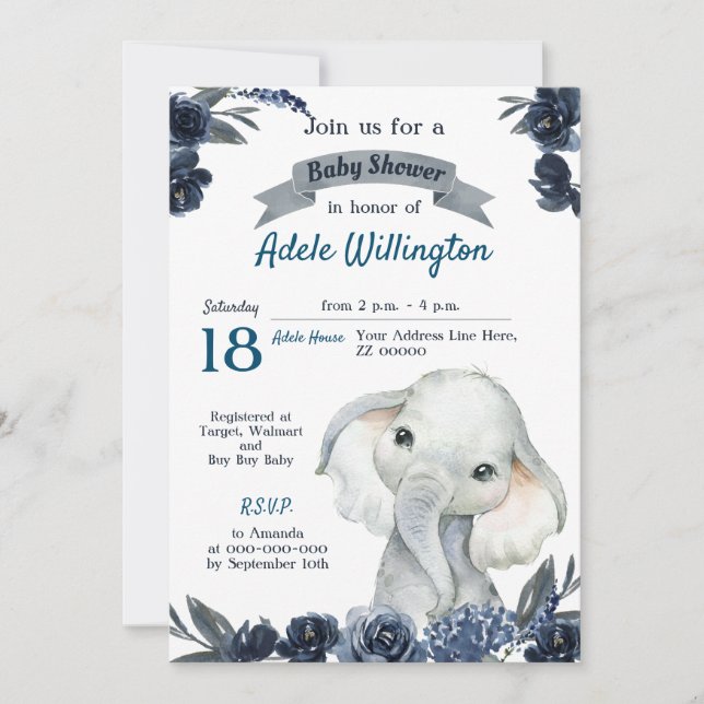 Elephant Boy Watercolor Blommigt Navy Blue Baby In Inbjudningar (Framsida)