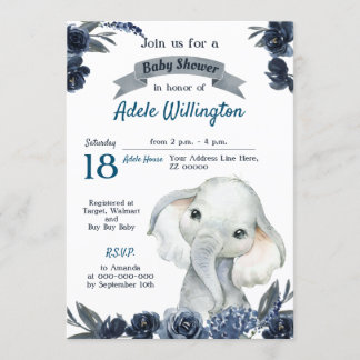 Elephant Boy Watercolor Blommigt Navy Blue Baby In Inbjudningar