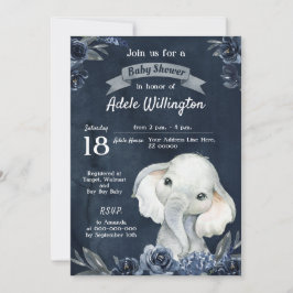 Elephant Boy Watercolor Blommigt Navy Blue Baby Inbjudningar