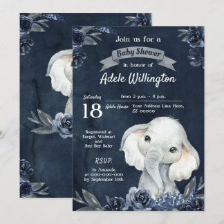 Elephant Boy Watercolor Blommigt Navy Blue Baby Inbjudningar