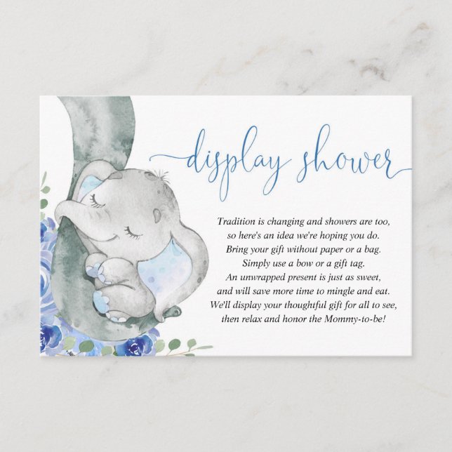 Elephant-boyblå blommigt visning dusch tilläggskort (Framsida)