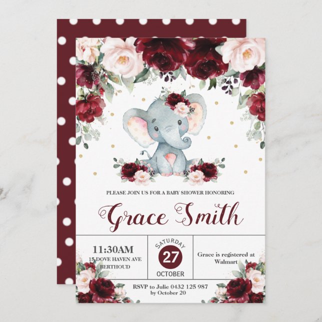 Elephant Burgundy  Blommigt Baby Shower Girl Inbjudningar (Fram/baksida)