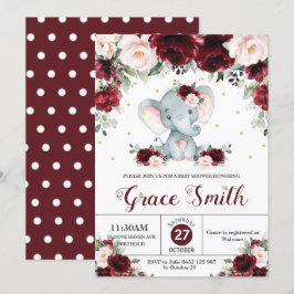 Elephant Burgundy  Blommigt Baby Shower Girl Inbjudningar