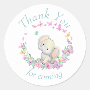 Elephant Butterflies Baby Shower Tack Runt Klistermärke