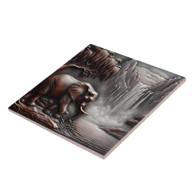 Elephant by Waterfall in Carved Relief Kakelplatta (Sidan)