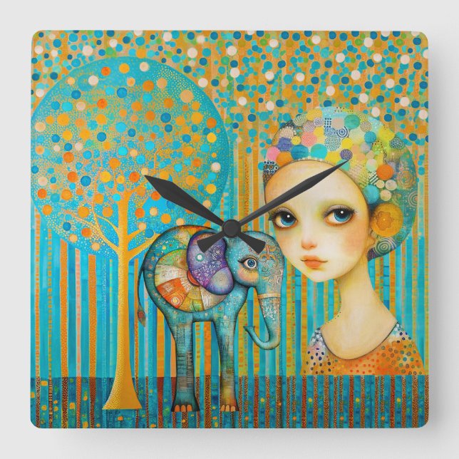 Elephant Charm Fyrkantig Klocka (Framsida)