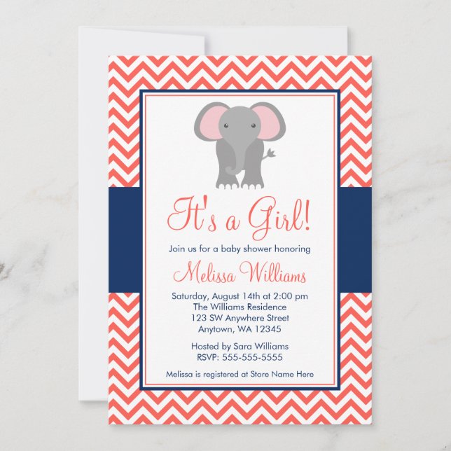 Elephant Chevron Coral Navy Blue Girl Shower Inbjudningar (Framsida)