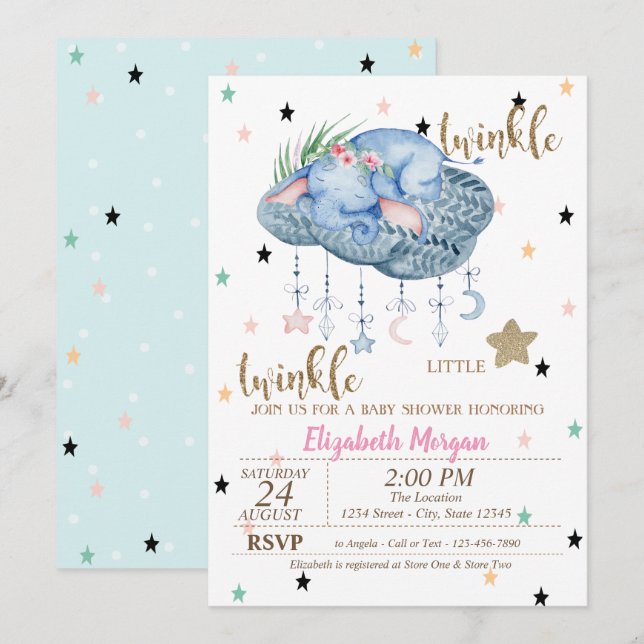 Elephant Cloud,Twinkle Little Star Baby Shower Inbjudningar (Fram/baksida)