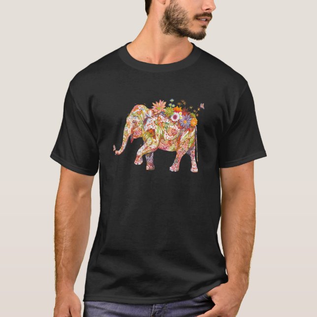 Elephant Colorful Flower Elephant T Shirt (Framsida)