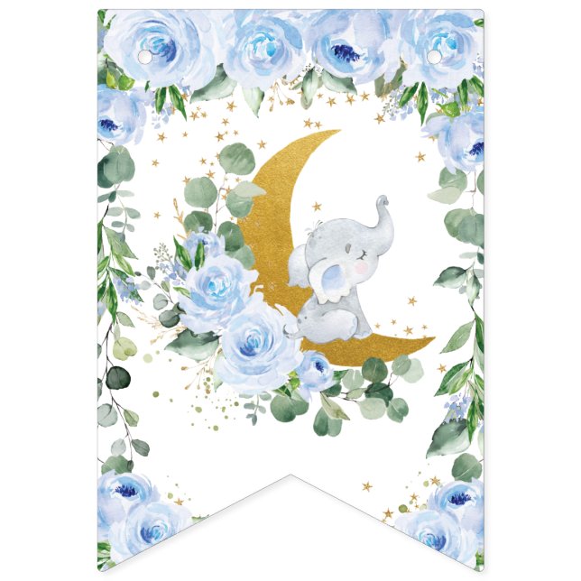 Elephant Crescent Måne Blue Blommigt Baby Shower Vimplar (Första flaggan)