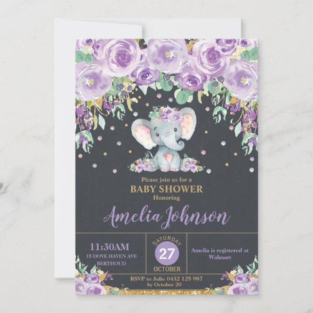 Elephant Cute Lila Blommigt Baby Shower Flicka Inbjudningar (Framsida)