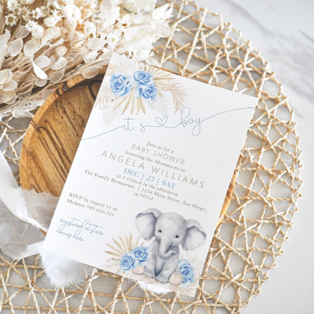 Elephant Det är en pojk Safari Boho Blommigt Baby  Inbjudningar (Skapare uppladdad)