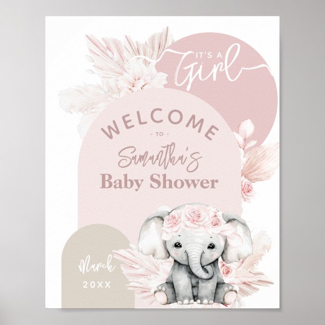 Elephant, det är en tjej Boho Blommigt Rosa Baby S Poster (Framsidan)