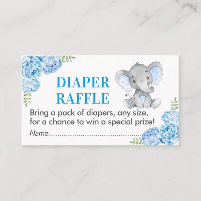 Elephant Diaper Raffle Biljett Blue Baby Shower Bo Tilläggskort (Framsida)