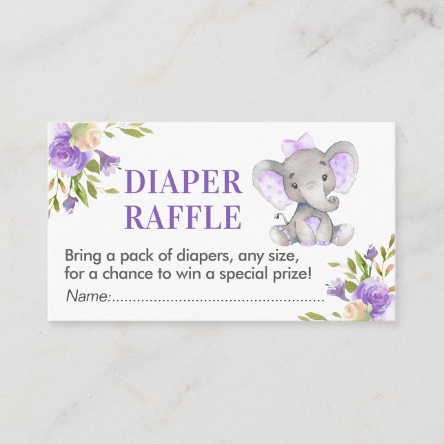 Elephant Diaper Raffle Biljett Lavender Baby Showe Tilläggskort (Framsida)
