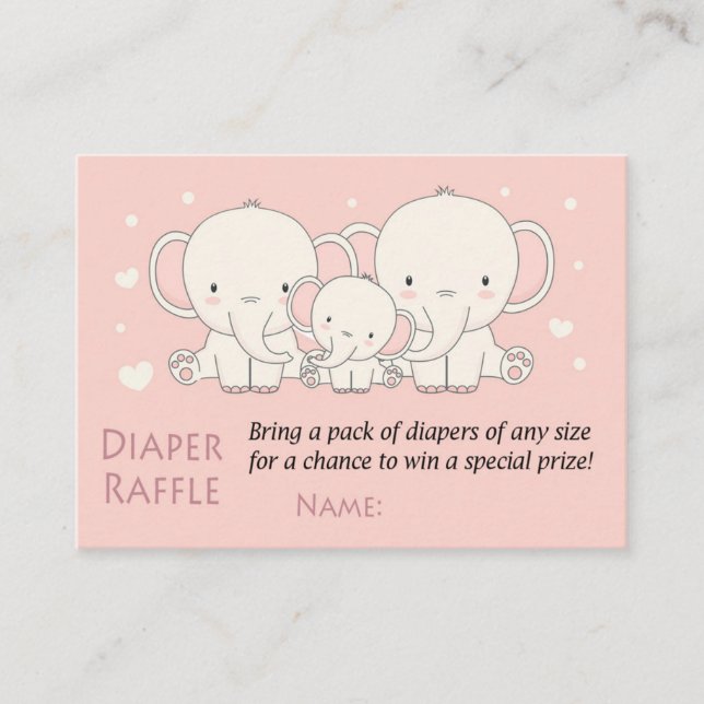 Elephant Diaper Raffle Biljett, rosa och vit Placeringskort (Framsida)