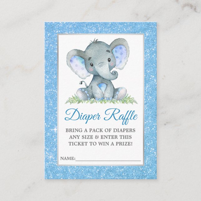 Elephant Diaper Raffle Shower Blue Glitter Tilläggskort (Framsida)