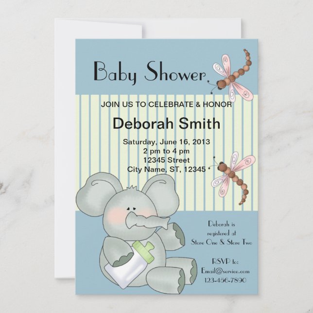 Elephant Dragonfly Blue Rand Baby Shower Inbjudningar (Framsida)